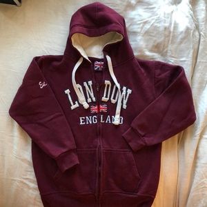 Hoodie , jacket with zipper , burgundy color size M, @London England